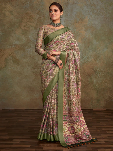 Alluring Sea Green Digital Printed Silk Festival Wear Saree With Blouse